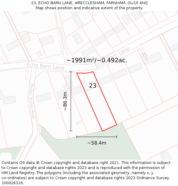 23, ECHO BARN LANE, WRECCLESHAM, FARNHAM, GU10 4NQ: Plot and title map