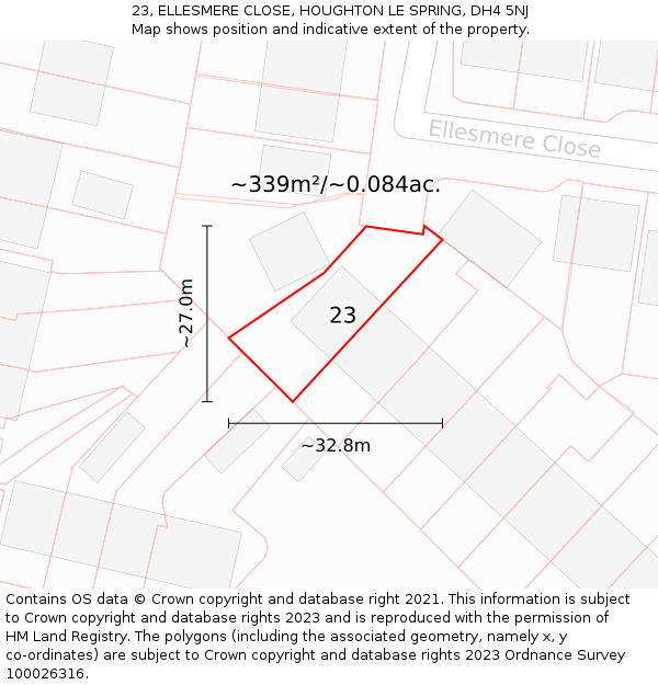 23, ELLESMERE CLOSE, HOUGHTON LE SPRING, DH4 5NJ: Plot and title map