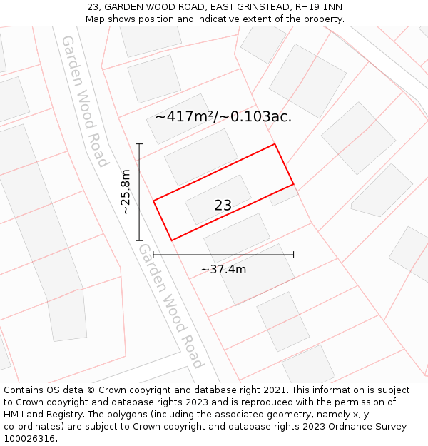 23, GARDEN WOOD ROAD, EAST GRINSTEAD, RH19 1NN: Plot and title map