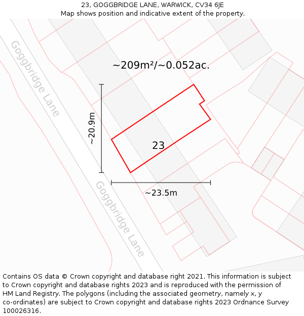 23, GOGGBRIDGE LANE, WARWICK, CV34 6JE: Plot and title map