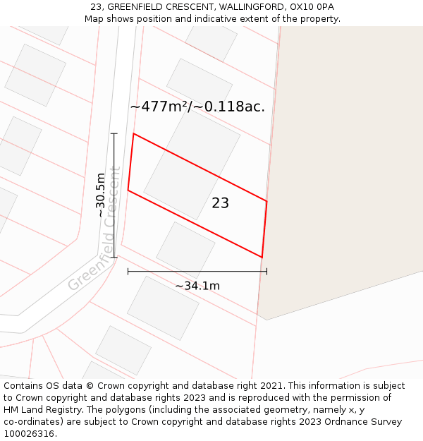 23, GREENFIELD CRESCENT, WALLINGFORD, OX10 0PA: Plot and title map