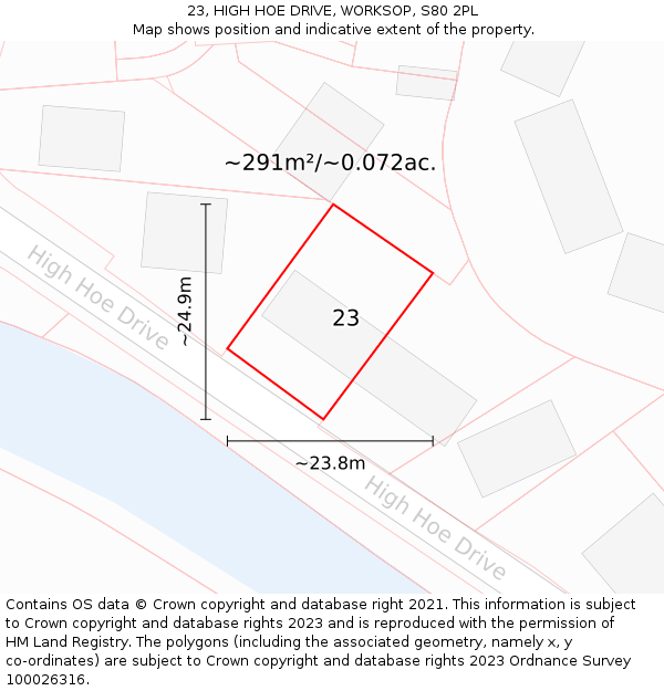 23, HIGH HOE DRIVE, WORKSOP, S80 2PL: Plot and title map