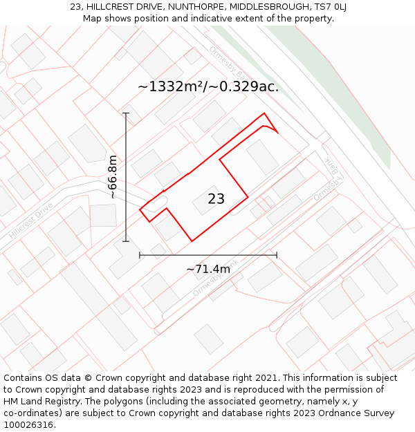 23, HILLCREST DRIVE, NUNTHORPE, MIDDLESBROUGH, TS7 0LJ: Plot and title map