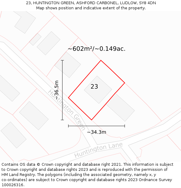 23, HUNTINGTON GREEN, ASHFORD CARBONEL, LUDLOW, SY8 4DN: Plot and title map