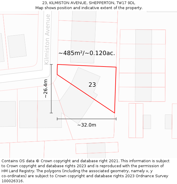 23, KILMISTON AVENUE, SHEPPERTON, TW17 9DL: Plot and title map