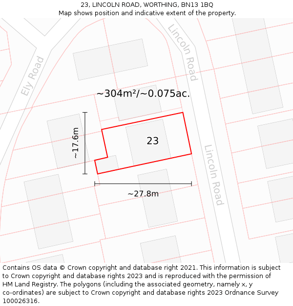 23, LINCOLN ROAD, WORTHING, BN13 1BQ: Plot and title map