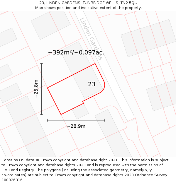 23, LINDEN GARDENS, TUNBRIDGE WELLS, TN2 5QU: Plot and title map