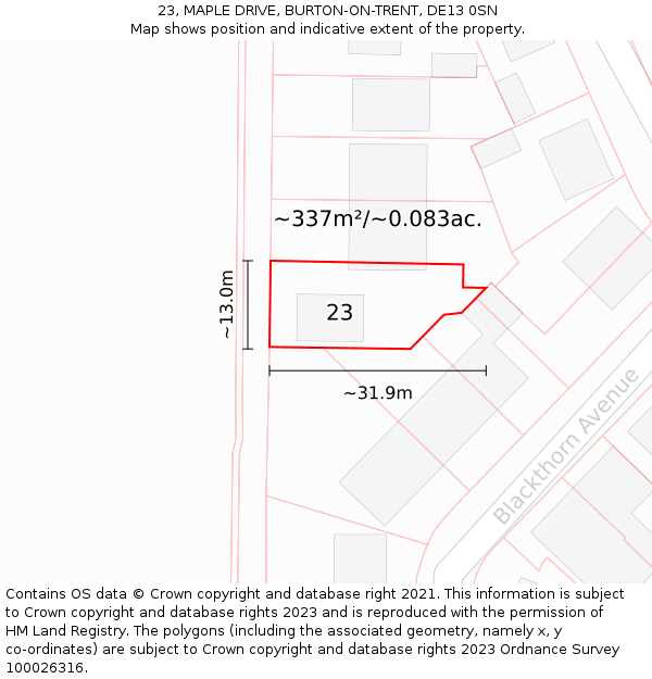 23, MAPLE DRIVE, BURTON-ON-TRENT, DE13 0SN: Plot and title map