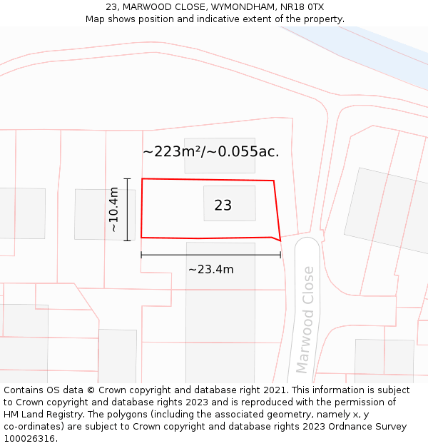 23, MARWOOD CLOSE, WYMONDHAM, NR18 0TX: Plot and title map