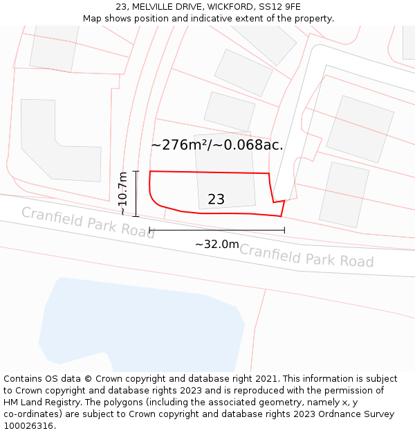 23, MELVILLE DRIVE, WICKFORD, SS12 9FE: Plot and title map