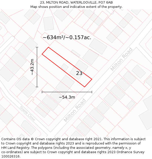 23, MILTON ROAD, WATERLOOVILLE, PO7 6AB: Plot and title map