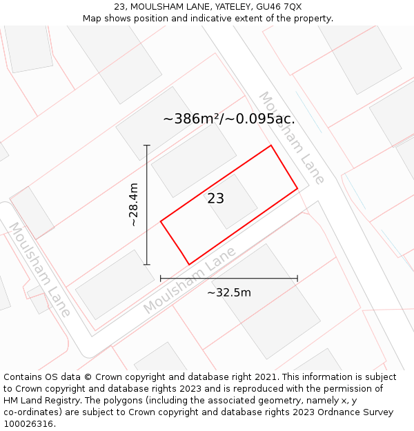 23, MOULSHAM LANE, YATELEY, GU46 7QX: Plot and title map