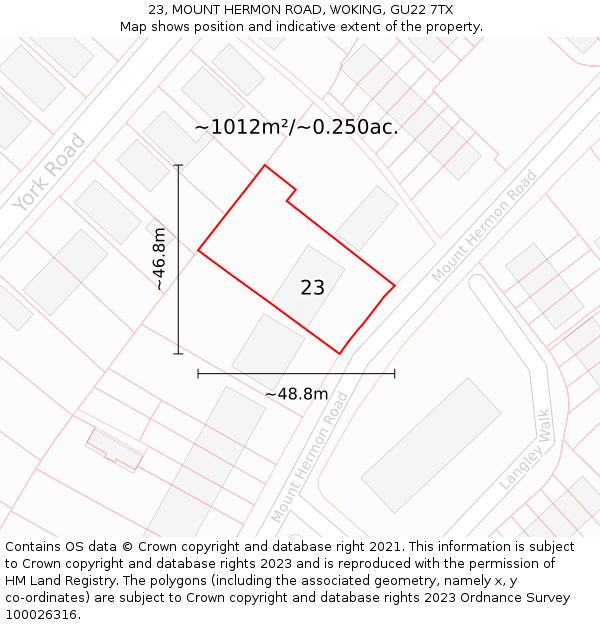 23, MOUNT HERMON ROAD, WOKING, GU22 7TX: Plot and title map