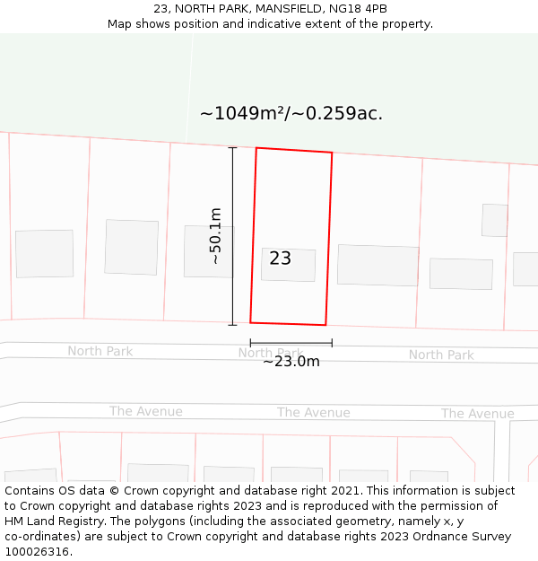 23, NORTH PARK, MANSFIELD, NG18 4PB: Plot and title map