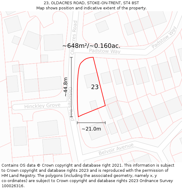23, OLDACRES ROAD, STOKE-ON-TRENT, ST4 8ST: Plot and title map
