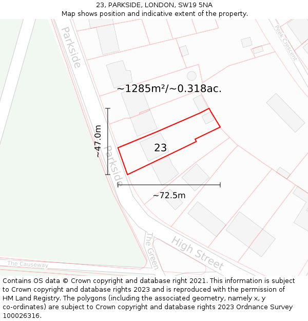23, PARKSIDE, LONDON, SW19 5NA: Plot and title map