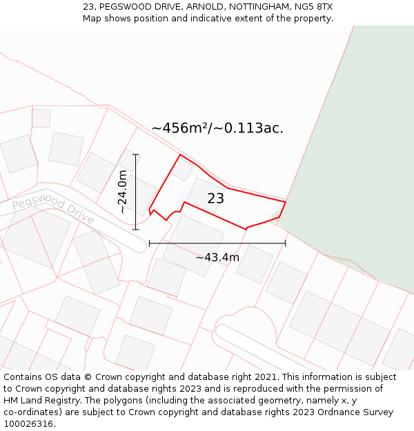 23, PEGSWOOD DRIVE, ARNOLD, NOTTINGHAM, NG5 8TX: Plot and title map