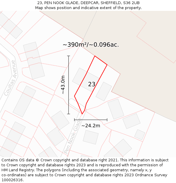 23, PEN NOOK GLADE, DEEPCAR, SHEFFIELD, S36 2UB: Plot and title map