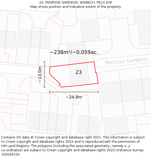 23, PENROSE GARDENS, WISBECH, PE13 2HP: Plot and title map