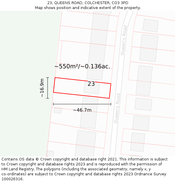 23, QUEENS ROAD, COLCHESTER, CO3 3PD: Plot and title map