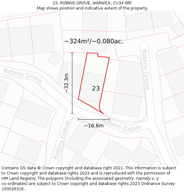 23, ROBINS GROVE, WARWICK, CV34 6RF: Plot and title map