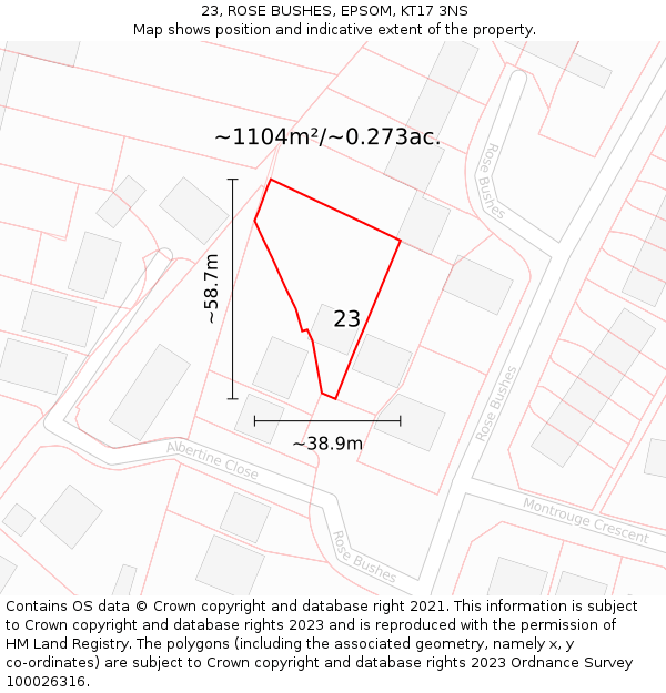 23, ROSE BUSHES, EPSOM, KT17 3NS: Plot and title map