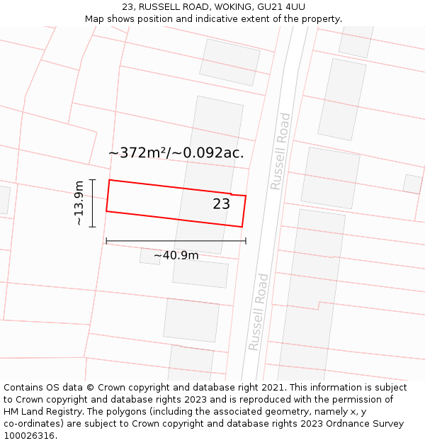 23, RUSSELL ROAD, WOKING, GU21 4UU: Plot and title map