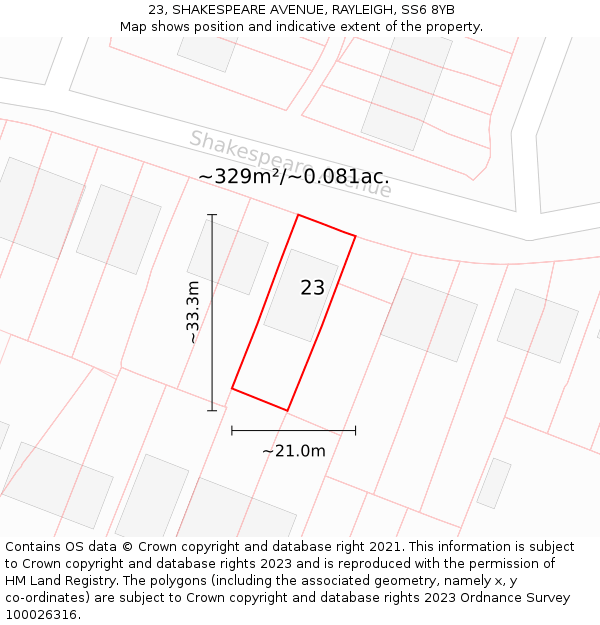 23, SHAKESPEARE AVENUE, RAYLEIGH, SS6 8YB: Plot and title map