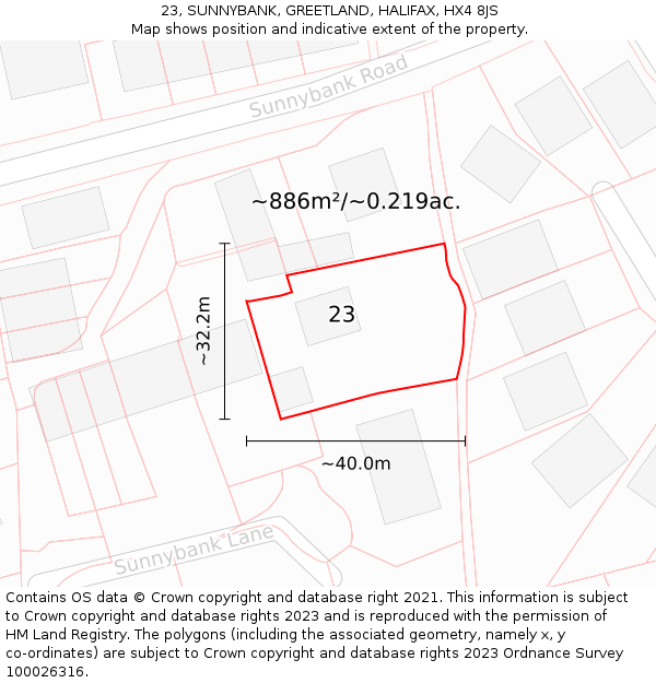 23, SUNNYBANK, GREETLAND, HALIFAX, HX4 8JS: Plot and title map