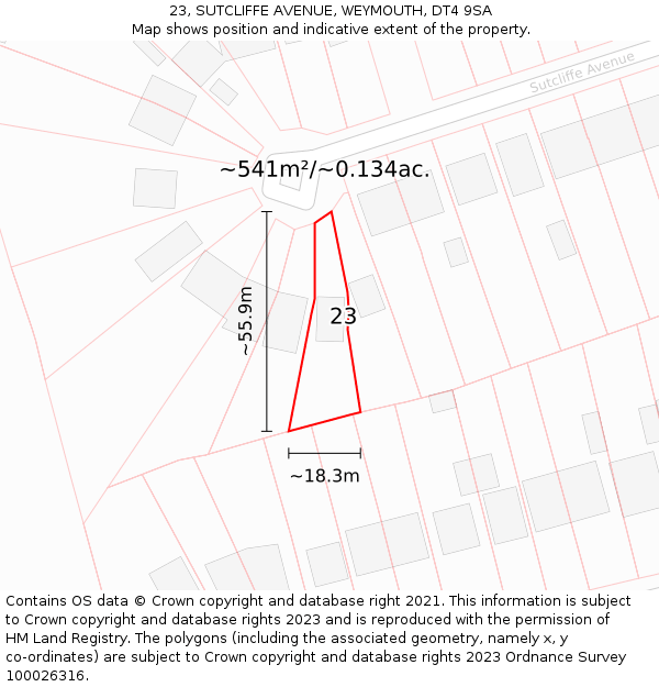 23, SUTCLIFFE AVENUE, WEYMOUTH, DT4 9SA: Plot and title map