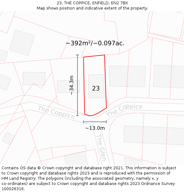 23, THE COPPICE, ENFIELD, EN2 7BX: Plot and title map
