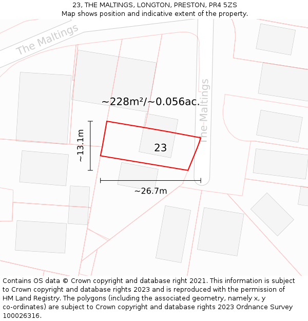 23, THE MALTINGS, LONGTON, PRESTON, PR4 5ZS: Plot and title map