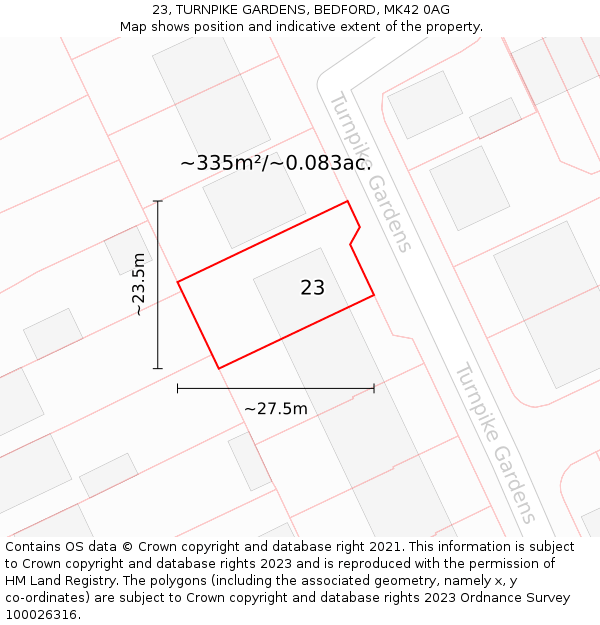 23, TURNPIKE GARDENS, BEDFORD, MK42 0AG: Plot and title map