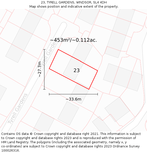 23, TYRELL GARDENS, WINDSOR, SL4 4DH: Plot and title map