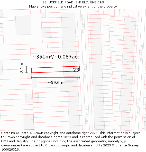 23, UCKFIELD ROAD, ENFIELD, EN3 6AS: Plot and title map