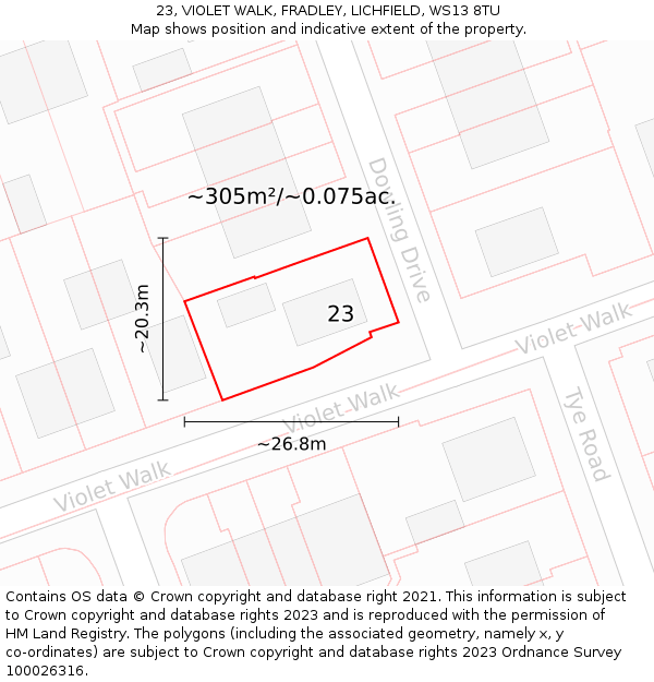 23, VIOLET WALK, FRADLEY, LICHFIELD, WS13 8TU: Plot and title map