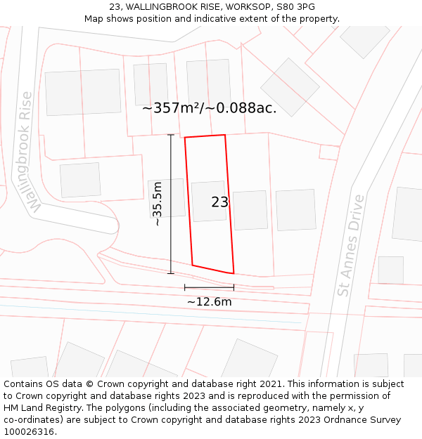 23, WALLINGBROOK RISE, WORKSOP, S80 3PG: Plot and title map