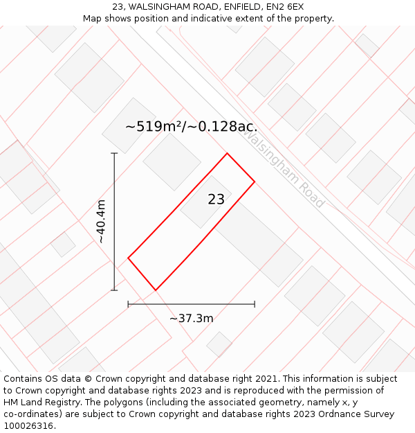 23, WALSINGHAM ROAD, ENFIELD, EN2 6EX: Plot and title map