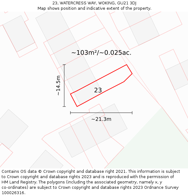 23, WATERCRESS WAY, WOKING, GU21 3DJ: Plot and title map