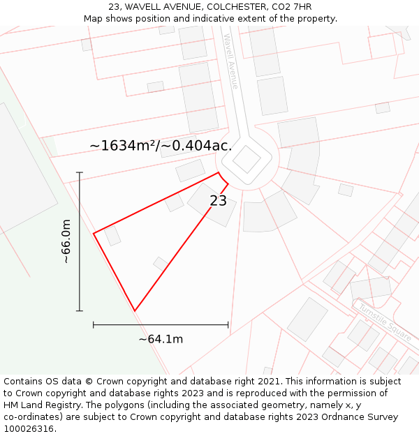 23, WAVELL AVENUE, COLCHESTER, CO2 7HR: Plot and title map