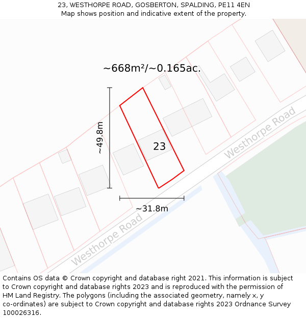 23, WESTHORPE ROAD, GOSBERTON, SPALDING, PE11 4EN: Plot and title map