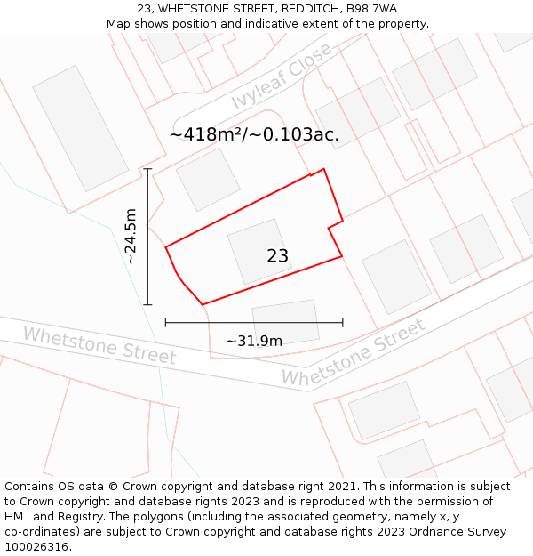 23, WHETSTONE STREET, REDDITCH, B98 7WA: Plot and title map