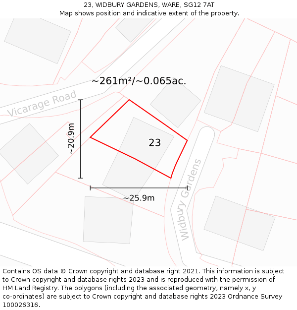 23, WIDBURY GARDENS, WARE, SG12 7AT: Plot and title map