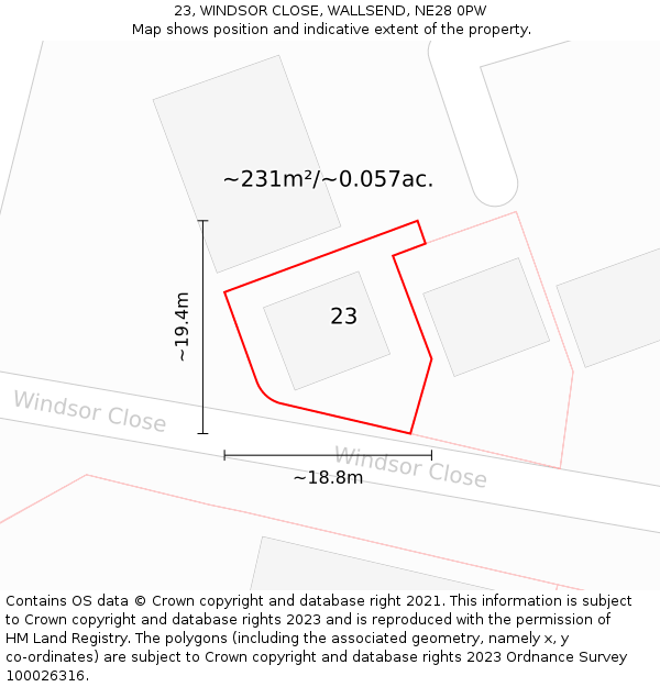 23, WINDSOR CLOSE, WALLSEND, NE28 0PW: Plot and title map