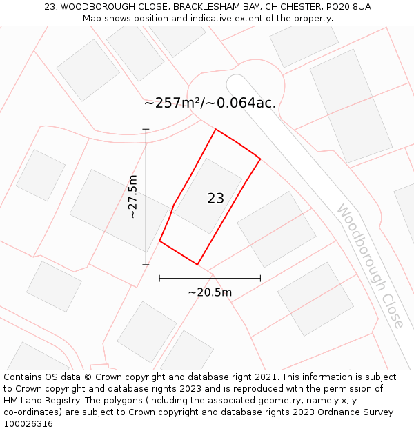 23, WOODBOROUGH CLOSE, BRACKLESHAM BAY, CHICHESTER, PO20 8UA: Plot and title map