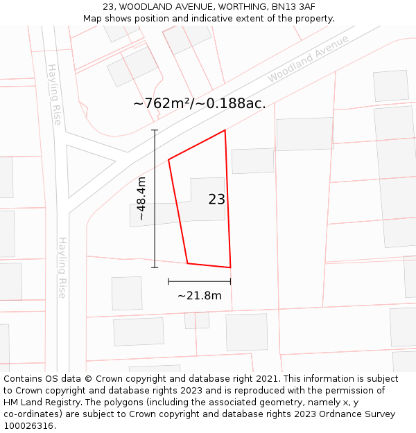 23, WOODLAND AVENUE, WORTHING, BN13 3AF: Plot and title map