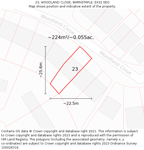 23, WOODLAND CLOSE, BARNSTAPLE, EX32 0EG: Plot and title map