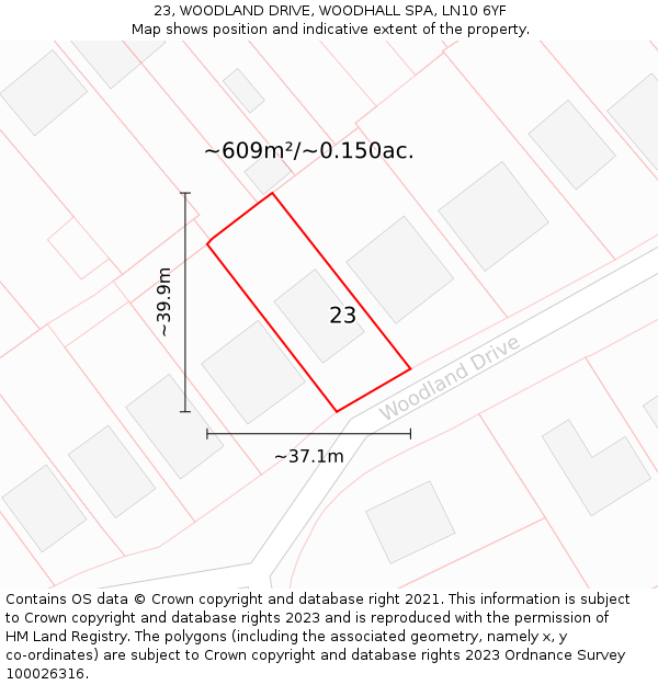 23, WOODLAND DRIVE, WOODHALL SPA, LN10 6YF: Plot and title map