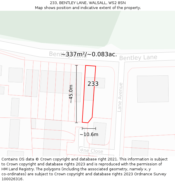 233, BENTLEY LANE, WALSALL, WS2 8SN: Plot and title map