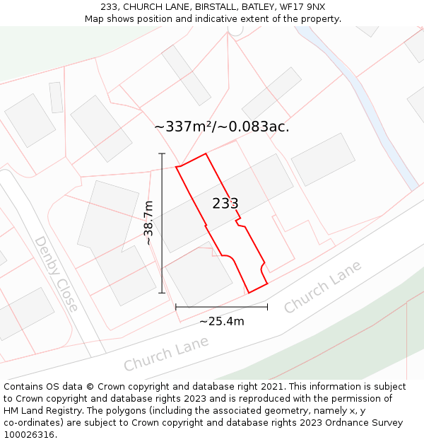 233, CHURCH LANE, BIRSTALL, BATLEY, WF17 9NX: Plot and title map